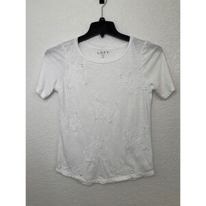 Loft Womens White Embroidered Eyelet Floral Slub Cotton Tee Shirt SP Petite